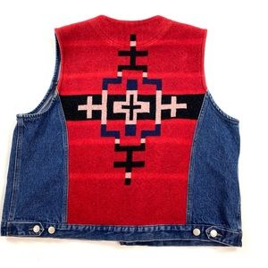 VTG 90s Wmn’s Sz XL Pendleton Navajo Blanket Jean Vest Denim Red SW Aztec EUC